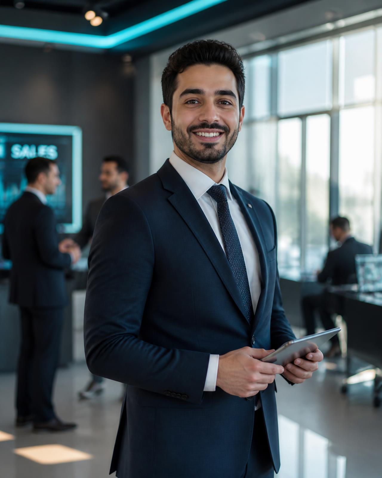شاب ببدلة كحلية أنيقة يبتسم بثقة ويحمل جهازاً لوحياً في مكتب مبيعات