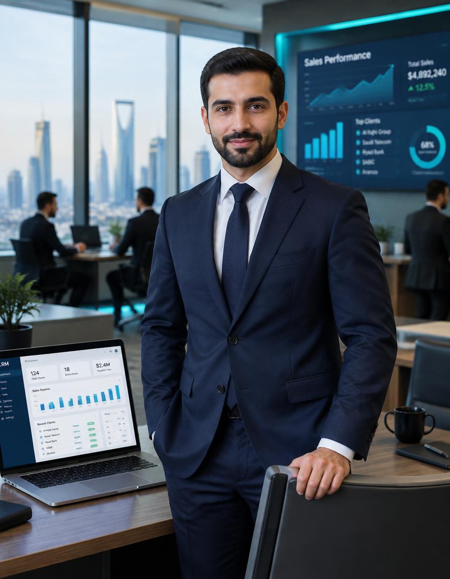 شاب سعودي أنيق ببدلة كحلية يقف بثقة وهدوء بجانب مكتبه الذي يعرض لوحة بيانات العملاء CRM