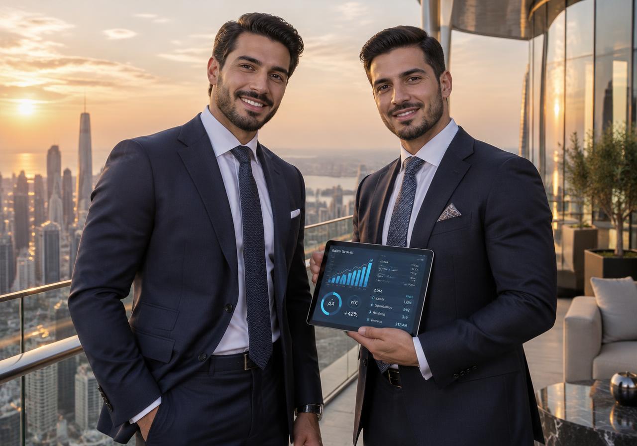 شابان سعوديان ببدلات أنيقة يبتسمان ويستعرضان نتائج المبيعات ولوحة CRM